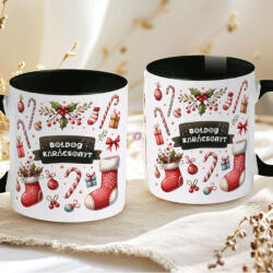 Deconline Crafts Egyedi neves karácsonyi bögre "Candy Christmas" 330 ml kerámia fekete Full HD (DO129196-BLACK-MUG)
