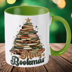 Deconline Crafts Karácsonyi bögre "Merry Bookmas" 330 ml kerámia Zöld Full HD (DO129201-GREEN-MUG)