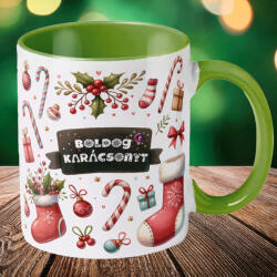 Deconline Crafts Egyedi neves karácsonyi bögre "Candy Christmas" 330 ml kerámia Zöld Full HD (DO129196-GREEN-MUG)