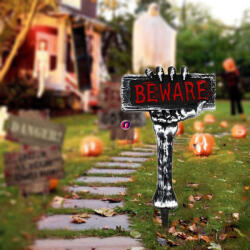 Deconline Hounted House XL Leszúrható Halloweeni tábla Csontváz kéz "Beware" 28 x 53 cm (DO106037)