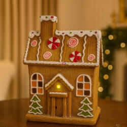 Decoration & Design Mézeskalács ház LED-es poly 16, 5x11x23 cm barna, fehér (DD70340)