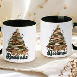 Deconline Crafts Karácsonyi bögre "Merry Bookmas" 330 ml kerámia fekete Full HD (DO129201-BLACK-MUG)