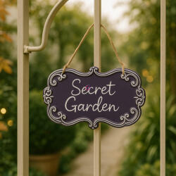 QX-IMP Bádog akasztós kopogtató - Secret Garden felirattal, kék színben (18 cm) (081142)