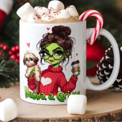 Deconline Crafts Egyedi feliratos karácsonyi bögre "Grincs lány kutyával" pufi hatású (do129214-CERAMIC-MUG)