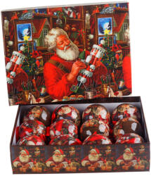 Deconline Xmas Prémium vintage Karácsonyfa gömb szett " Santa's Workshop" 12 db-os 7, 5 cm díszdobozban (513705)