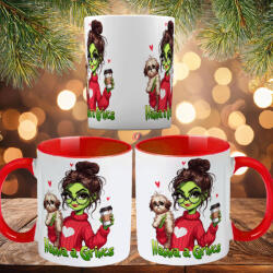 Deconline Crafts Egyedi feliratos karácsonyi bögre "Grincs lány kutyával" pufi hatású piros bögre (do129214-RED-MUG)