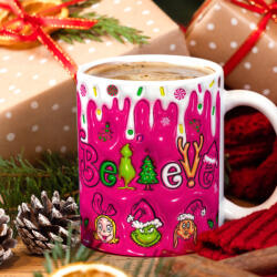 Deconline Crafts Grincses karácsonyi bögre 3D pufi hatású "Believe in pink (DO129154-Ceramic-Mug)