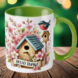 Deconline Crafts Húsvéti bögre "Helló Tavasz" egyedi felirattal, zöld, kerámia (DO133005-GREEN-MUG)