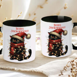 Deconline Crafts Karácsonyi bögre "Boldog macskarácsonyt" 330 ml kerámia fekete Full HD (DO129199-BLACK-MUG)