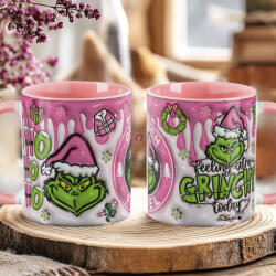 Deconline Crafts Grincs mintás karácsonyi bögre 3D pufi hatású "Pink Grinch fuel" rózsaszín (DO129101-PINK-MUG)
