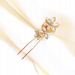 Kokonet Hajtű virágokkal, kontyba való, arany színű, cirkónia kövekkel, Elegáns esküvői (4-0253)