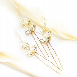 Kokonet Arany színű esküvői frizura dísz szett levelekkel, cirkóniákkal és kristályokkal (Komplet trzech wsuwek złotych)