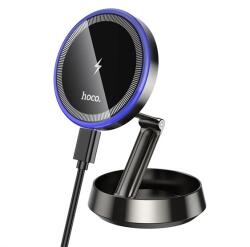 hoco. HW33 autós tartó (műszerfalra, mágneses, 360°, wireless, gyorstöltő, 15W, összehajtható) FEKETE (HW33)