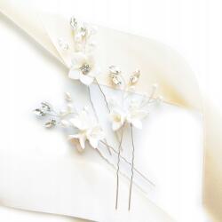 Kokonet Ezüst hajgumi szett kerámia virágokkal, strassz gyöngyökkel (Komplet srebrnych wsuwek szpilek)