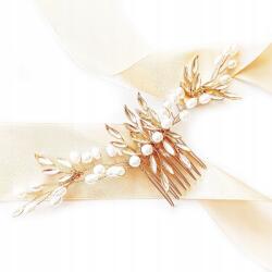 Kokonet Arany színű hajfésű gyöngyökkel és levelekkel, Boho stílusú, esküvői frizurához, feltűzéshez (4-0197)
