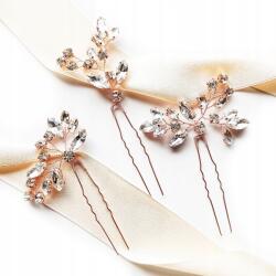 Kokonet Rose gold színű, cirkónia kövekkel díszített hajtű szett esküvői frizurához, glamúros levél motívummal (4-0220)
