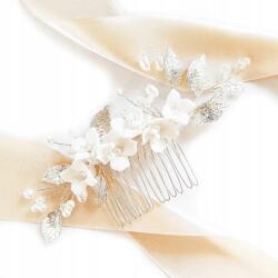 Kokonet Finom ezüst fésű fehér virágokkal gyöngy ág Esküvőre (4-0218)