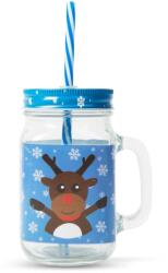 Family Karácsonyi rénszarvas mintás üvegbögre szívószállal - 450 ml