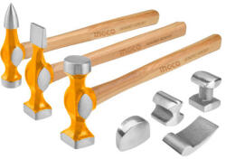 INGCO Karosszériás kalapács és egyengető készlet 7 részes Hickory nyéllel (HBAFH0712)