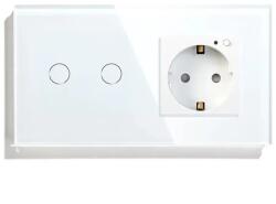 Smart Life / Tuya Intrerupator wireless inteligent (fara nul) dublu si priza inteligenta Smart Life alb, cu touch, din sticla, Wi-Fi integrat (SL-LS2-SP1WH)