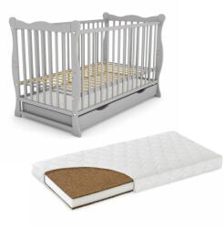 Kidizi Patut din lemn masiv cu sertar si capac 120x60 cm Kidizi Isla gri si saltea cocos LUX 120x60x12 cm, reglabil pe 3 nivele, certificat EN71 (3246+1206012LUX)