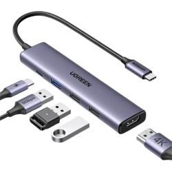 UGREEN Dokkoló állomás 5 az 1-ben, 4K@30Hz, USB HUB, HDMI 1.4, 1x USB-A 3.0, 2x USB-A 2.0, USB-C, 100W, szürke (15495)