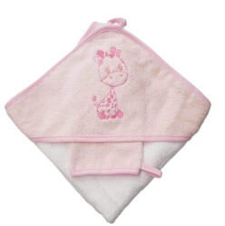  Babastar hímzett fürdőlepedő, fürdetőkesztyűvel 80*80 cm - zsiráf fehér/rózsaszín