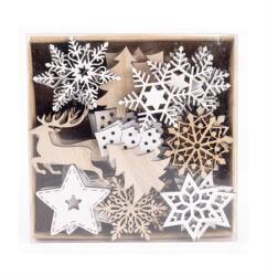 Karácsonyi fa dekoráció, 4cm rénszarvas, fenyőfa, hópehely, csillag 72db/csomag natúr/fehér