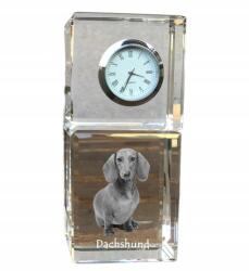  Tacskó rövidszőrű kristály asztali óra kutyával, saját fotóval (5055882416192)