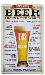 Ezone Vintage Dekor Fémtábla, dombornyomott 'BEER' felirat, retro hangulatú kialakítás, egy korsó sör rendelése 21 nyelven, 20x30cm