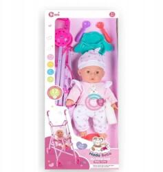 Játékbaba babakocsival és kiegészítőkkel 35 cm, fehér sapkában