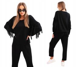 Kesi Fekete női melegítő szett pulóver rojtokkal és nadrággal (5907302141651)