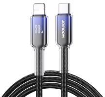 JOYROOM CRYSTAL-CLEAR adatkábel (Type-C - lightning, 3A, gyorstöltő, 120cm, cipőfűző) FEKETE