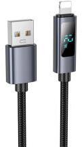 hoco. X112 adatkábel (USB - lightning, 2.4A, gyorstöltő, 100cm, LED kijelző, cipőfűző) FEKETE