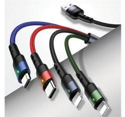 USAMS U26 adatkábel 4in1 (USB - 2 lightning/Type-C/microUSB, 2A, gyorstöltő, 120cm) FEKETE (152945)