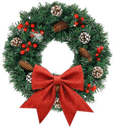  Karácsonyi ajtódísz, 60 cm, zöld, piros szatén masnival, műfenyő ágakkal, beltéri és kültéri, újrafelhasználható, elegáns megjelenés (HOP1001838)