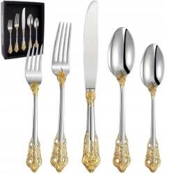 PIXUSO Evőeszköz Készlet 20 db-os szett ezüst doboz egyszerű díszített arany acél (F03)