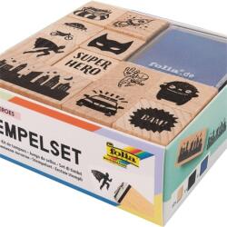 Faber-Castell Nyomda szett fa 14db/csomag Szuperhősök fa bélyegzőkészlet, 12 fa bélyegzővel és 2 bélyegzőpárnával fekete és kék