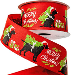 Valex Decor Kutyás karácsonyi szalag "Merry Christmas" felirattal, drótos szegéllyel 38mm x 6.4m - Piros (XB3807-30)