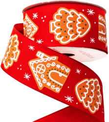 Valex Decor Mézeskalács házikós karácsonyi szalag drótos szegéllyel 38mm x 6.4m - Piros (XB3807-21)