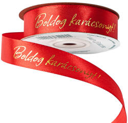 Valex Decor Fényes arany "Boldog Karácsonyt! " feliratos szatén szalag 20mm x 20m - Piros (MC20-09)