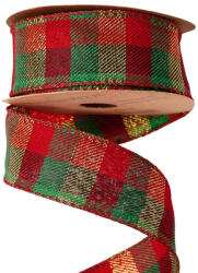 Valex Decor Kockás karácsonyi szalag drótos szegéllyel 38mm x 10m - Piros/Arany/Zöld (KR3810-02)