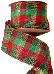 Valex Decor Kockás karácsonyi szalag drótos szegéllyel 63mm x 10m - Piros/Arany/Zöld (KR6310-02)