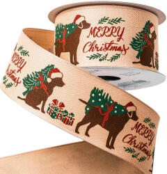 Valex Decor Kutyás karácsonyi szalag "Merry Christmas" felirattal, drótos szegéllyel 38mm x 6.4m - Bézs (XB3807-31)