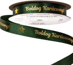 Valex Decor Fényes arany "Boldog Karácsonyt! " feliratos szatén szalag 12mm x 20m - Sötétzöld (MC12-02)