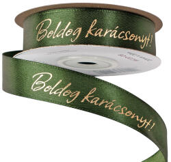 Valex Decor Fényes arany "Boldog Karácsonyt! " feliratos szatén szalag 20mm x 20m - Sötétzöld (MC20-08)