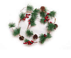 DekorTrend Karácsonyi kültéri fenyő girland LED világítással, toboz és magyal diszítéssel, 46 db meleg fehér színű LED, 8 funkció, 170 cm (KGR 011)