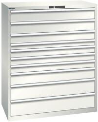 Lista műhelyfiókos szekrény, 1193x725x1450 mm, 200kg, 10 fiók, világosszürke