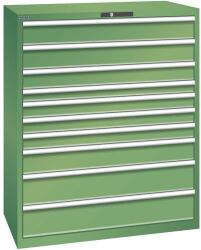 Lista műhelyfiókos szekrény, 1193x725x1450 mm, 200kg, 10 fiók, zöld