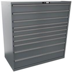 Lista műhelyfiókos szekrény, 1431x725x1450 mm, 10 fiók, szürke/ezüst
